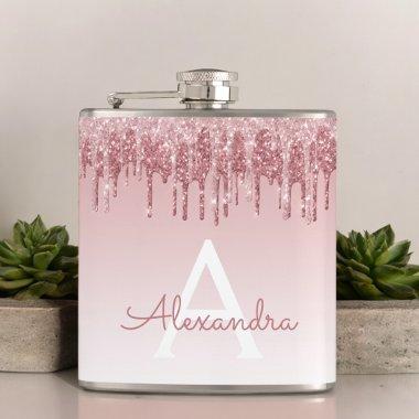 Pink Rose Gold Glitter and Sparkle Monogram Flask