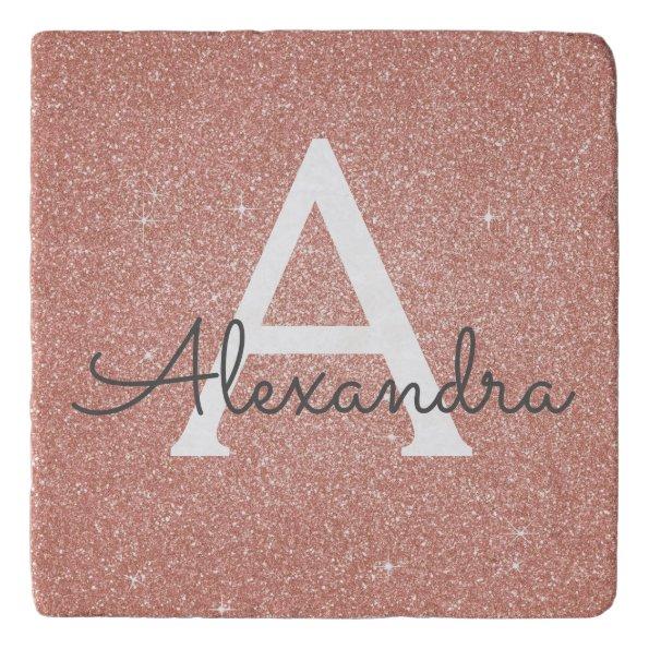Pink Rose Gold Glitter and Sparkle Monogram Trivet