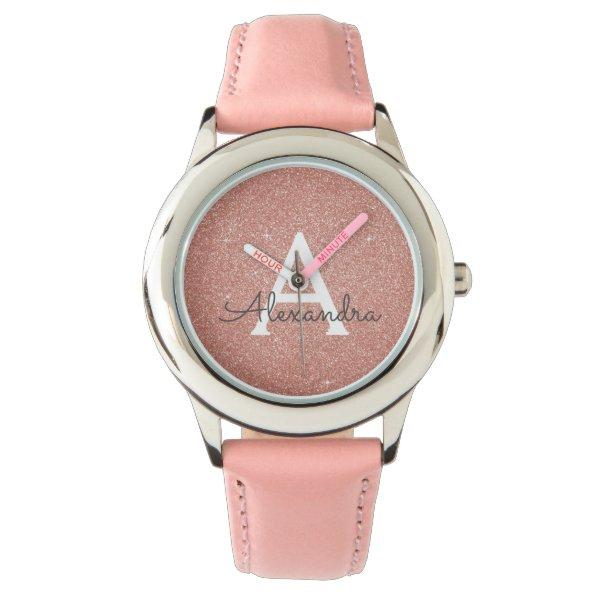 Pink Rose Gold Glitter and Sparkle Monogram Watch