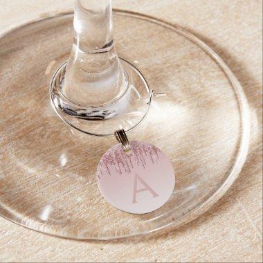 Pink Rose Gold Glitter and Sparkle Monogram Wine Charm