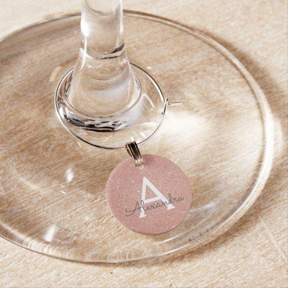 Pink Rose Gold Glitter and Sparkle Monogram Wine Glass Charm