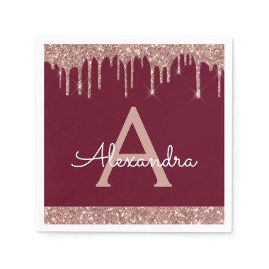 Pink Rose Gold Glitter Burgundy Monogram Birthday Napkins