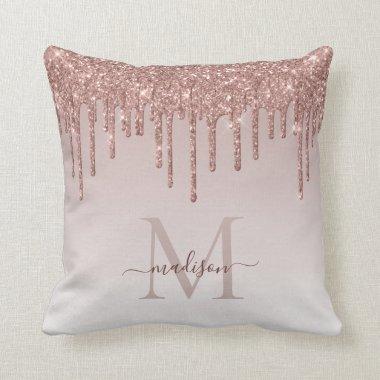 Pink Rose Gold Glitter Drips Glam Monogram Script Throw Pillow
