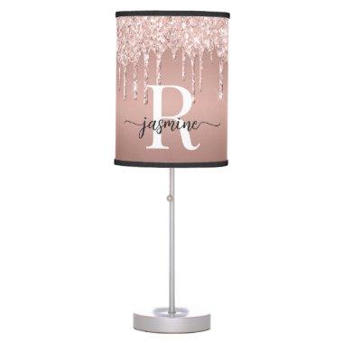 Pink Rose Gold Glitter Drips Ombre Girly Monogram Table Lamp