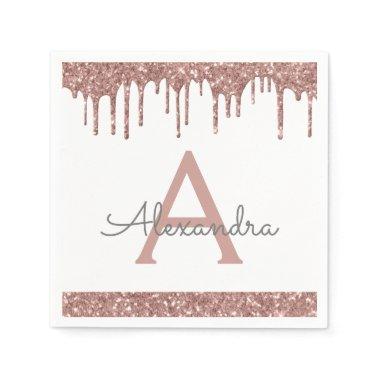 Pink Rose Gold Glitter & Sparkle Monogram Birthday Napkins
