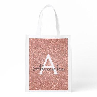 Pink Rose Gold Glitter & Sparkle Monogram Birthday Reusable Grocery Bag