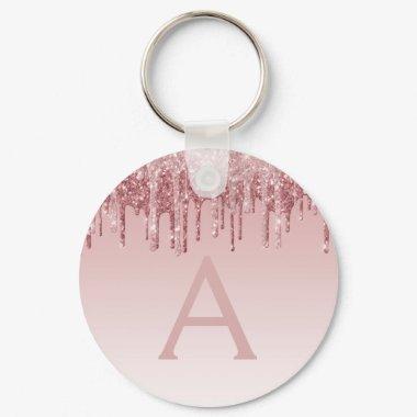 Pink Rose Gold Glitter & Sparkle Monogram Keychain