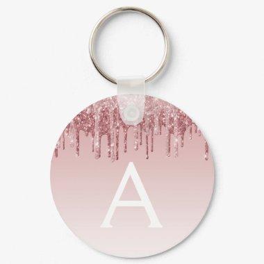 Pink Rose Gold Glitter & Sparkle Monogram Keychain