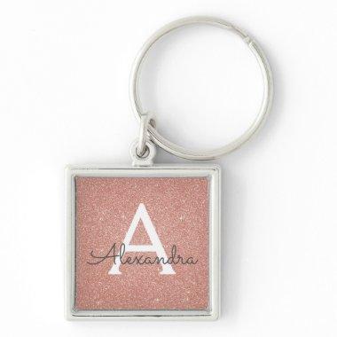 Pink Rose Gold Glitter & Sparkle Monogram Keychain