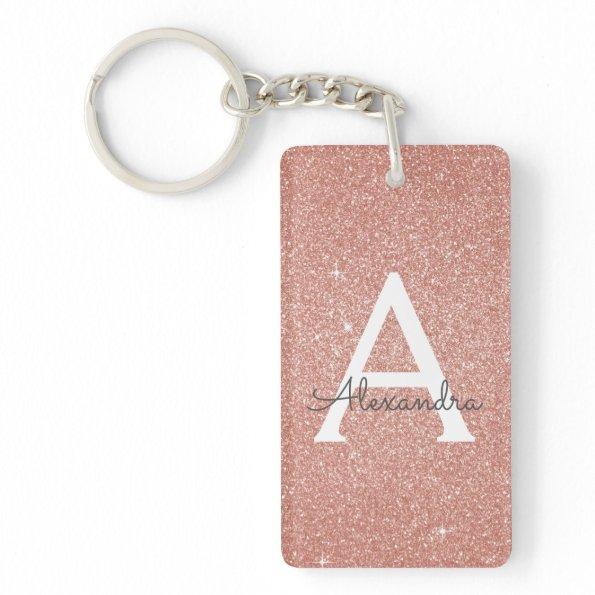 Pink Rose Gold Glitter & Sparkle Monogram Keychain