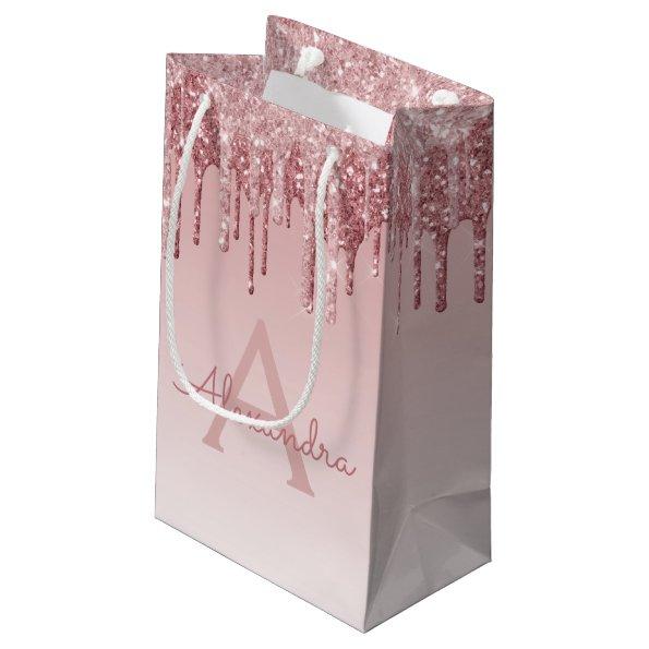 Pink Rose Gold Glitter & Sparkle Monogram Small Gift Bag