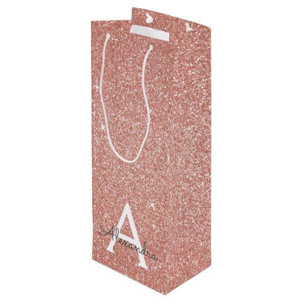 Pink Rose Gold Glitter & Sparkle Monogram Wine Gift Bag
