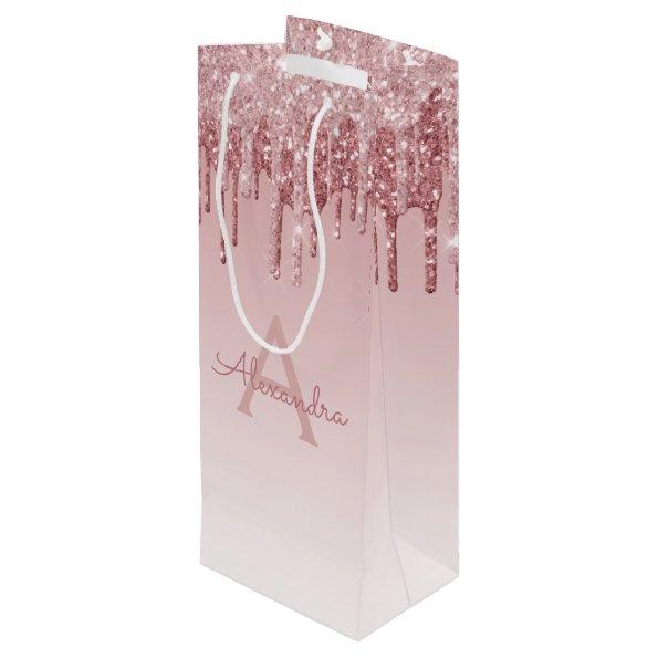 Pink Rose Gold Glitter & Sparkle Monogram Wine Gift Bag