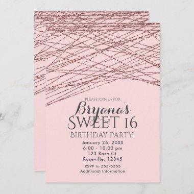 Pink Rose Gold Glitter Sweet 16 Birthday Party Invitations