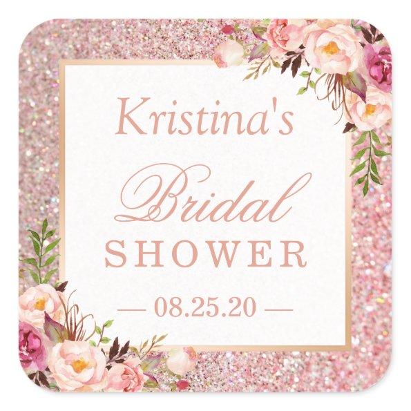 Pink Rose Gold Glitters Floral Bridal Shower Favor Square Sticker