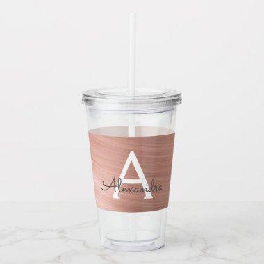 Pink Rose Gold Metallic Foil Monogram Birthday Acrylic Tumbler