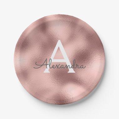 Pink Rose Gold Metallic Foil Monogram Birthday Paper Plates