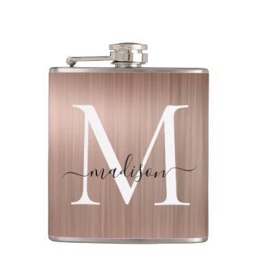 Pink Rose Gold Monogram Script Brushed Steel Metal Flask