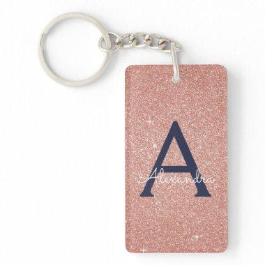 Pink Rose Gold Navy Blue Glitter Sparkle Monogram Keychain