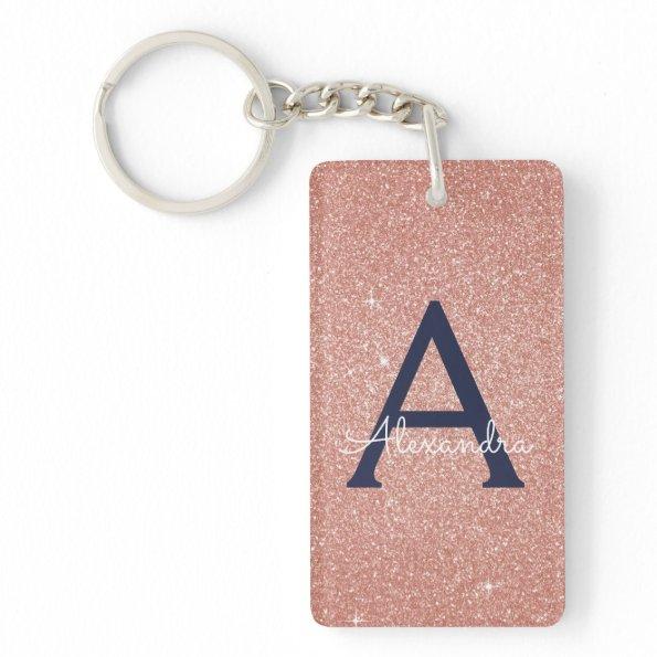 Pink Rose Gold Navy Blue Glitter Sparkle Monogram Keychain