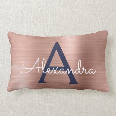 Pink Rose Gold Navy Blue Stainless Steel Monogram Lumbar Pillow