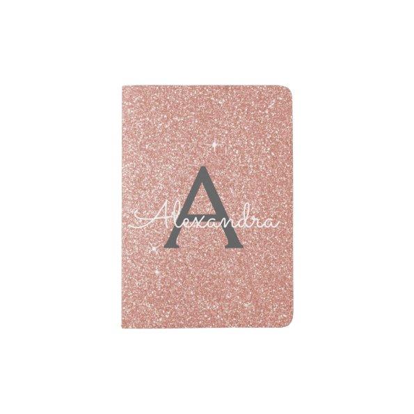 Pink Rose Gold Sparkle Glitter Monogram Name Passport Holder