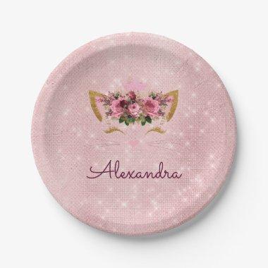 Pink Rose Gold Sparkle Kitty Monogram Birthday Paper Plates