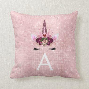 Pink Rose Gold Sparkle Unicorn Monogram Room Decor Throw Pillow