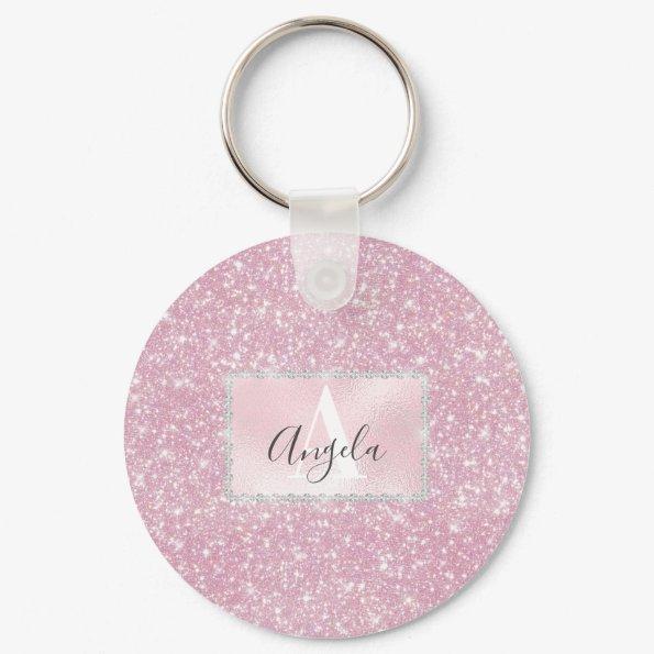 Pink Rose Gold Sparkly Glitter Monogram Girly Keychain