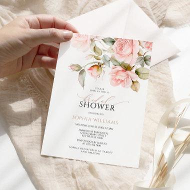 Pink Rose & Greenery Leaves Bridal Shower Invitations