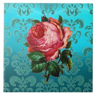 PINK ROSE ON TEAL BLUE DAMASK Floral Ceramic Tile