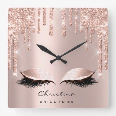 Pink Rose Pastel Sparkly Diamond Bride Princess Square Wall Clock