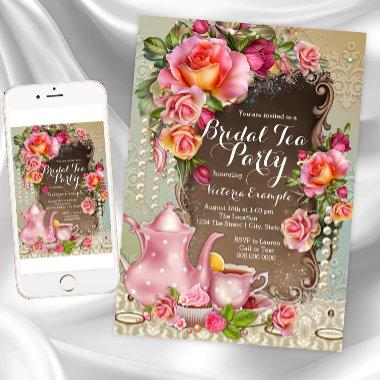Pink Rose Pearl Bridal Tea Party Invitations