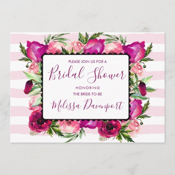 Pink Rose & Poppy Floral Bouquet Bridal Shower Invitations
