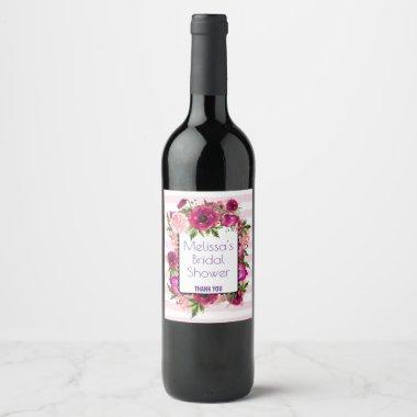 Pink Rose & Poppy Floral Bouquet Bridal Shower Wine Label