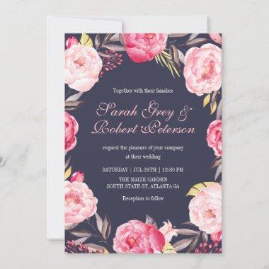 Pink Rose Stripes and Floral Wedding Invitations