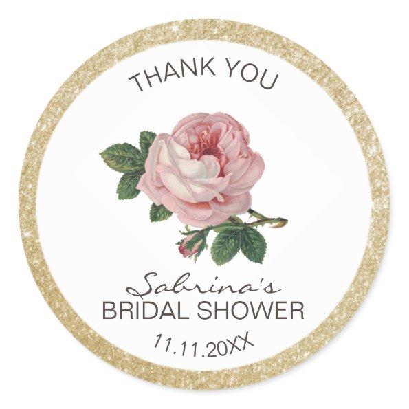 Pink Rose Vintage Gold Bridal Shower Thank You Classic Round Sticker