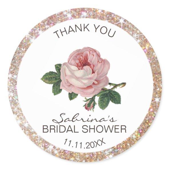 Pink Rose Vintage Gold Glitter Bridal Shower Classic Round Sticker