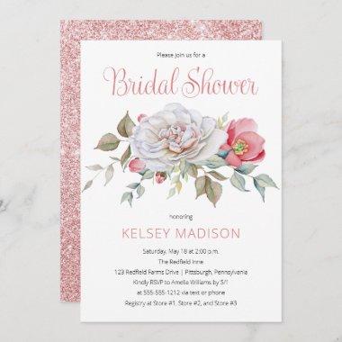 Pink Rose Watercolor Floral Blooms Bridal Shower Invitations