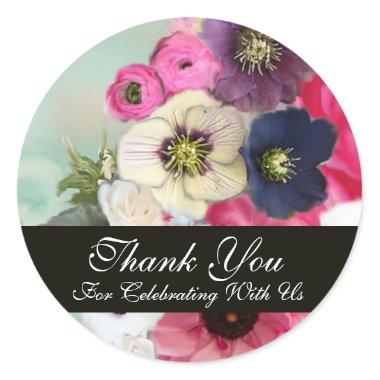 PINK ROSES AND ANEMONE FLOWERS BRIDAL SHOWER CLASSIC ROUND STICKER