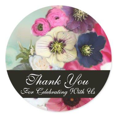 PINK ROSES AND ANEMONE FLOWERS BRIDAL SHOWER CLASSIC ROUND STICKER