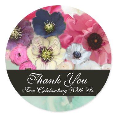 PINK ROSES AND ANEMONE FLOWERS BRIDAL SHOWER CLASSIC ROUND STICKER