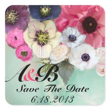 PINK ROSES AND ANEMONE FLOWERS Save the date Square Sticker