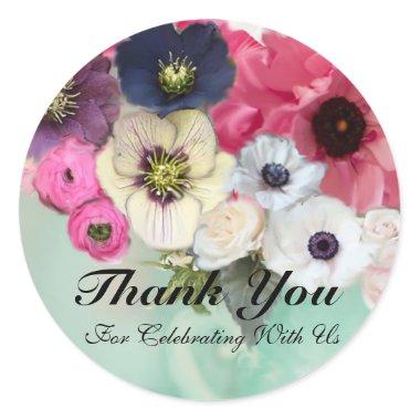 PINK ROSES AND ANEMONE FLOWERS Thank you Classic Round Sticker