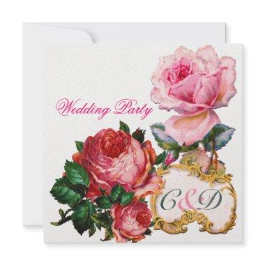 PINK ROSES AND CUPID LACE HEART WEDDING MONOGRAM Invitations