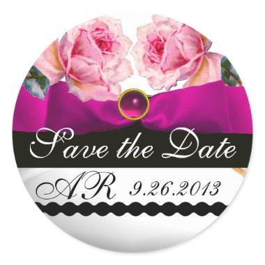 PINK ROSES AND FUCHSIA RIBBON MONOGRAM Gemstone Classic Round Sticker