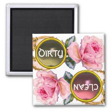 PINK ROSES AND GEM STONES DIRTY CLEAN DISHWASHER MAGNET