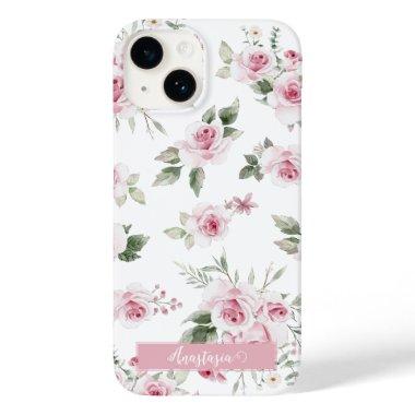 Pink Roses and Name Phone Case White Text