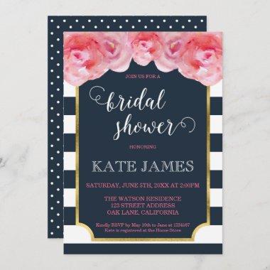 Pink Roses Blue Stripes Bridal Shower Invitations
