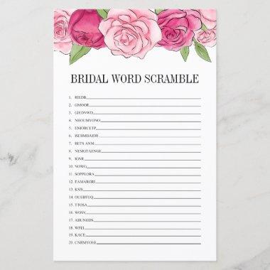 Pink Roses Bridal Shower Word Scramble Game Invitations